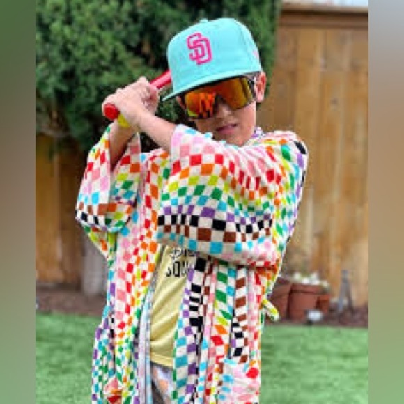 Rainbow checkered terry cloth robe cover up new - Picture 2 of 3